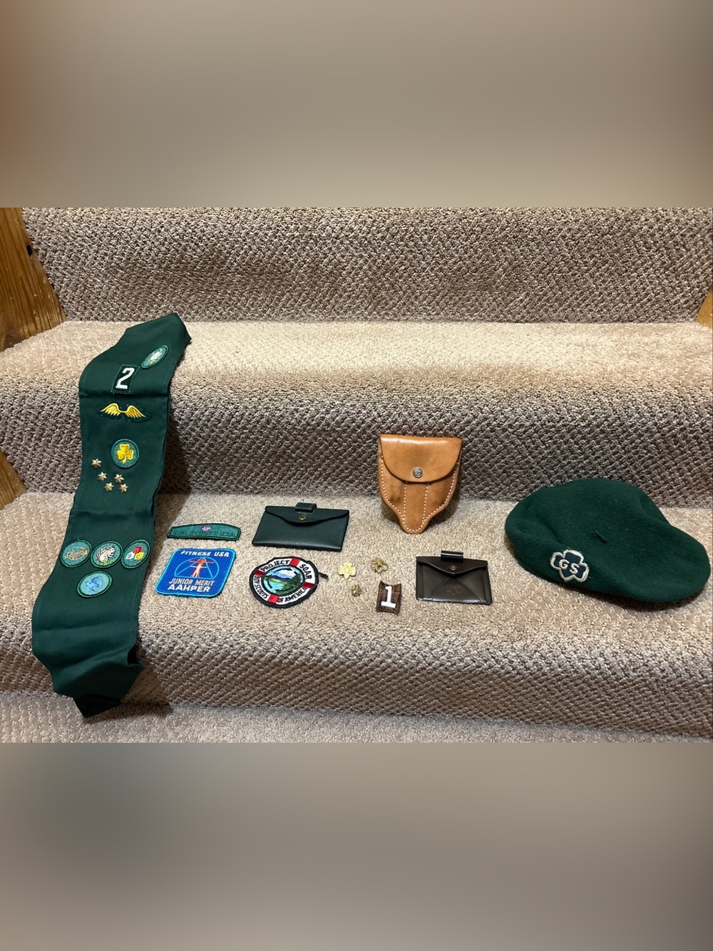 HUGE LOT VINTAGE Boy Girl Scout Sash Patches Leather Mess Kit Pins Beret BSA GSA